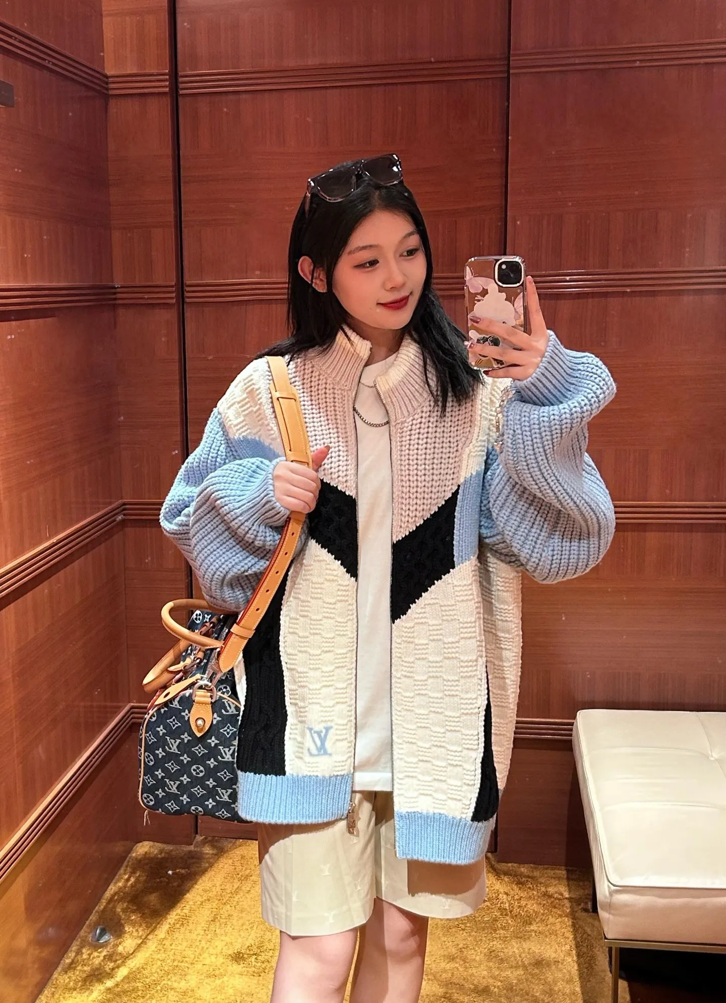 Louis Vuitton/Louis Vuitton embroidered logo contrast stitching knitted sweater jacket